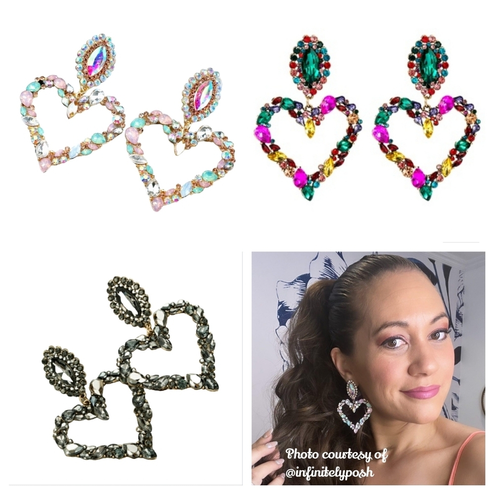 Rhinestone Heart Statement Earrings - Multi-color - Picture 11 of 13